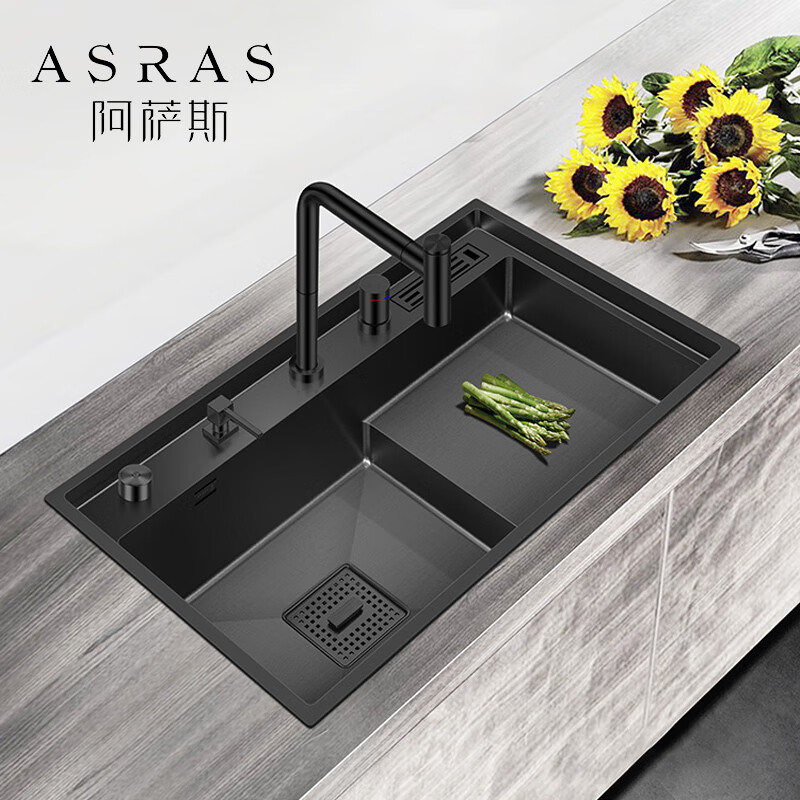 阿萨斯(ASRAS)8048NJ 黑色纳米304不锈钢阶梯式手工水槽洗菜盆高低洗碗池大单槽 台控-9件套-配4040冷热净水三合一龙头
