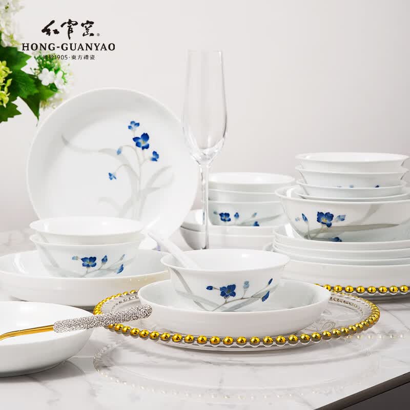 红官窑国瓷幸福兰花餐具整套釉下彩家用食品级碗盘筷耐高温陶瓷乔迁好礼 幸福兰花【10人食】新升级 52件套