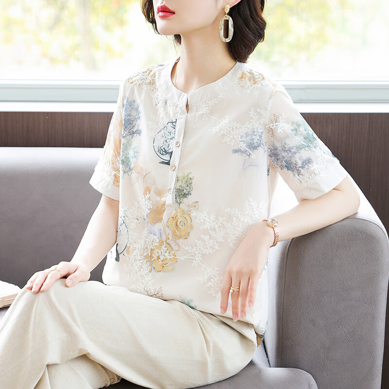 蘭鉑麗斯中年媽媽短袖雪紡衫女夏季新款洋氣婆婆時(shí)尚繡花上衣闊腿褲套裝 米色單上衣 2XL （建議110-125斤）