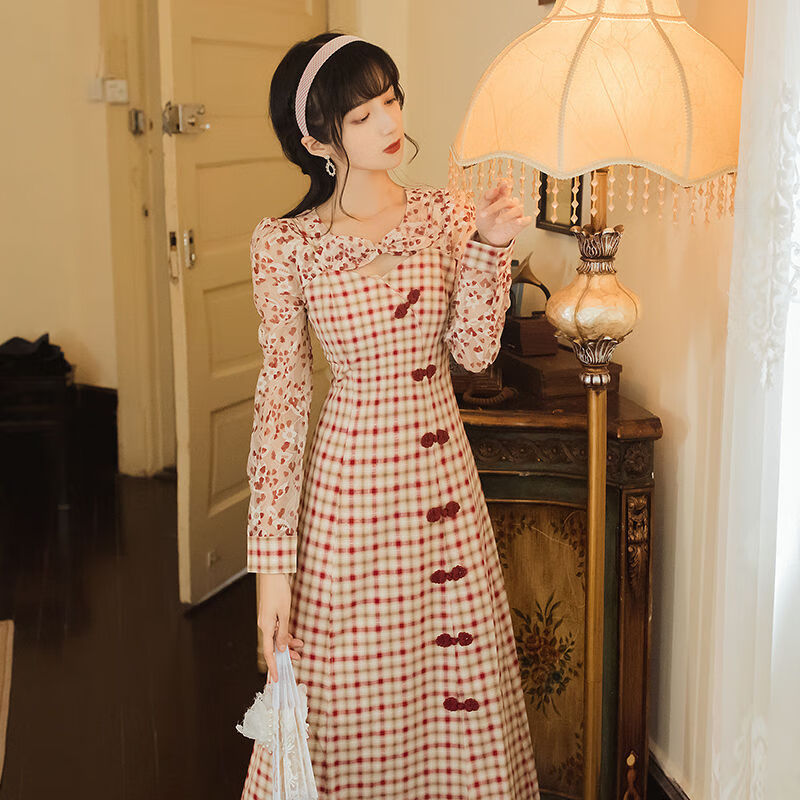 中国风复古格子旗袍改良版连衣裙新款法式年轻款少女气质显瘦 红格子 S
