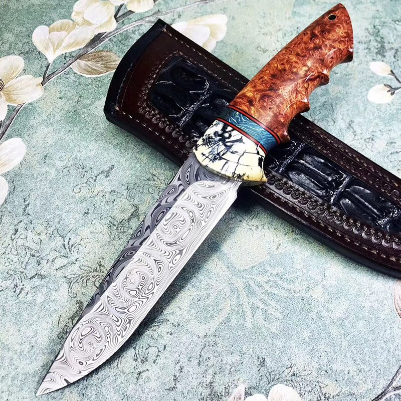 雨轩户外 瑞粉大马直刀大玫瑰纹户外小刀酸洗黑白纹刀身猛犸稳定化