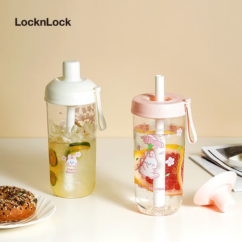 乐扣乐扣(LOCK&LOCK)奶茶杯塑料杯吸管杯便携提手水杯女果汁咖啡杯 樱花粉-700ML
