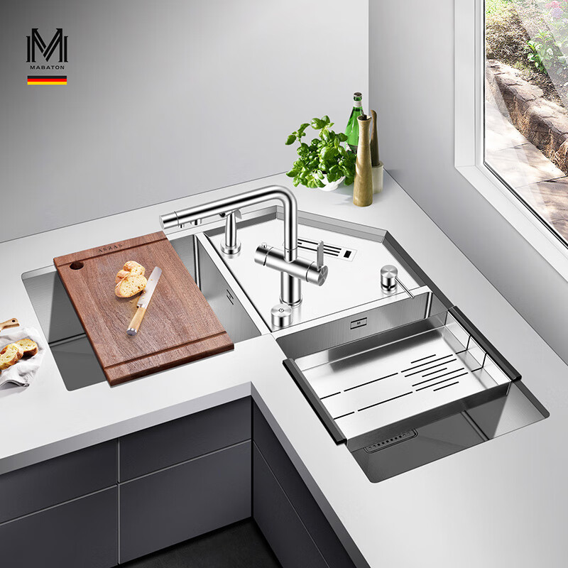 曼巴顿(mabaton)8585z 厨房转角水槽双槽拐角异形多功能不锈钢洗菜盆