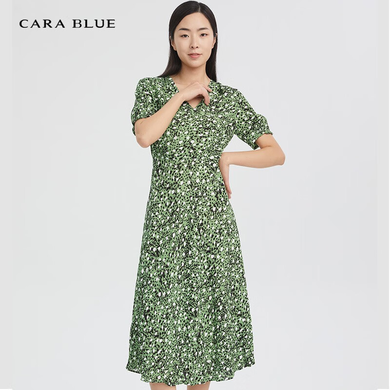 carablue喀啦     女装时尚优雅印花v领连衣裙kb211mwo0091 绿色 as