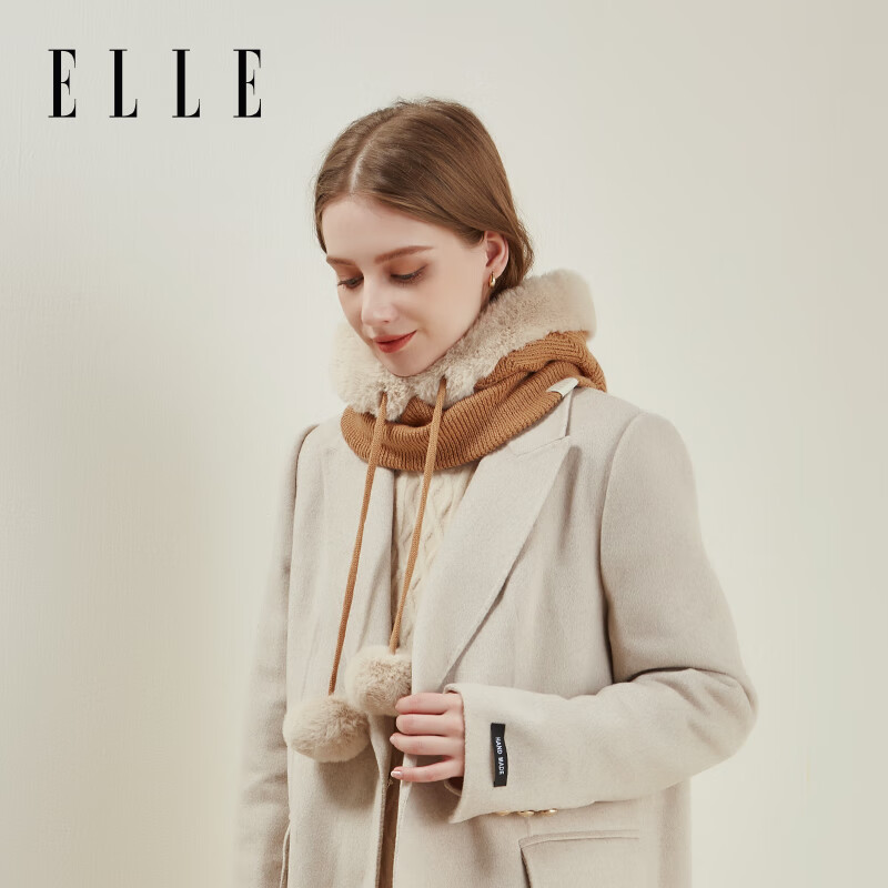 ELLE羊毛套头帽女士秋冬季户外保暖加绒加厚护耳针织雷锋帽子 棕色