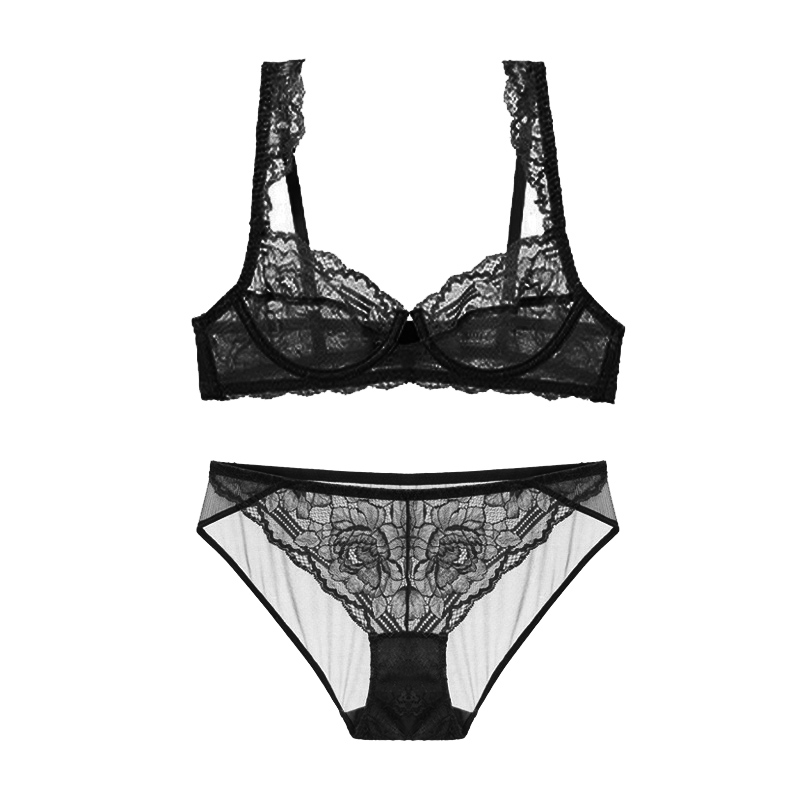 d杯细带大胸显小薄款文胸性感蕾丝法式透气女超薄聚拢黑白色内衣 黑色
