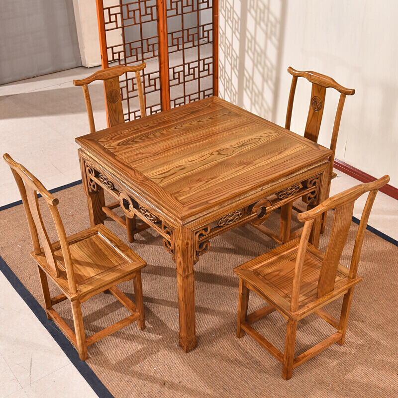 桌椅组合榆木餐桌原木四方桌正方形饭店小方桌01 120长餐桌配2长凳