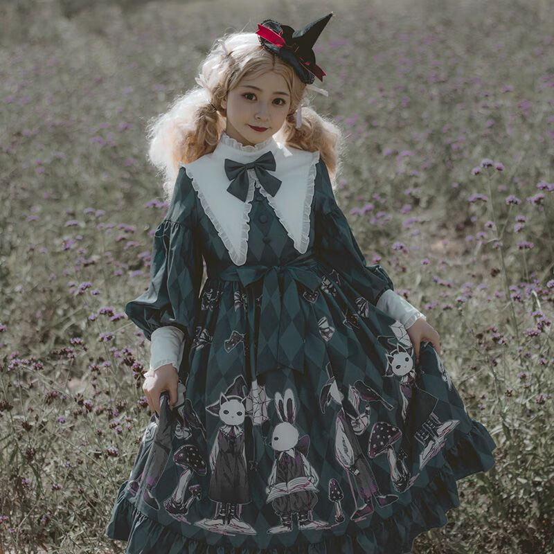 doghc【毒蘑菇】lolita小裙子op暗黑华丽哥特简约洛丽塔洋装连衣裙 墨