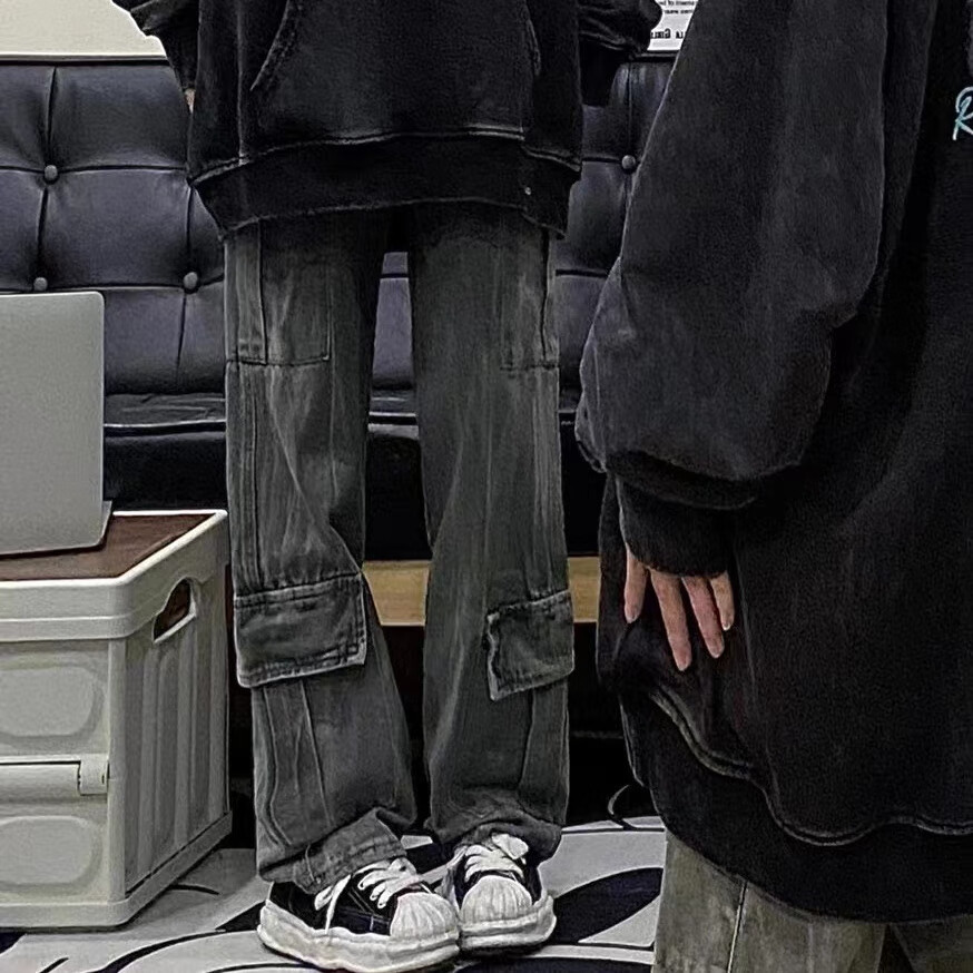 恬钦瓦萨琪牛仔裤neou美式复古水洗做旧多口袋工装裤