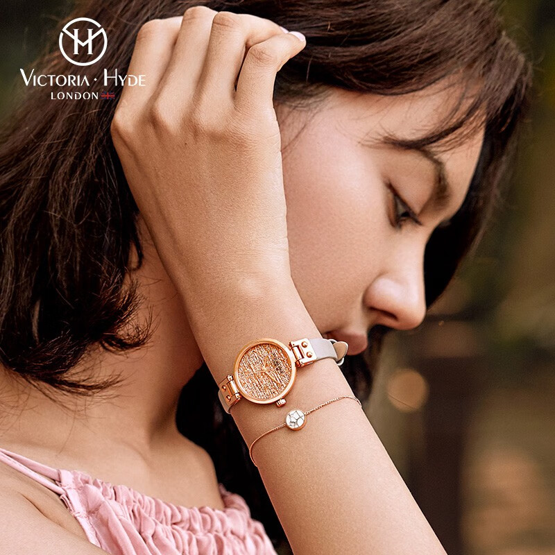VICTORIA·HYDE火花手表女满天星学生轻奢潮流小众时尚ins礼物女表维多利亚海德 玫瑰金灰色皮带(含手链)