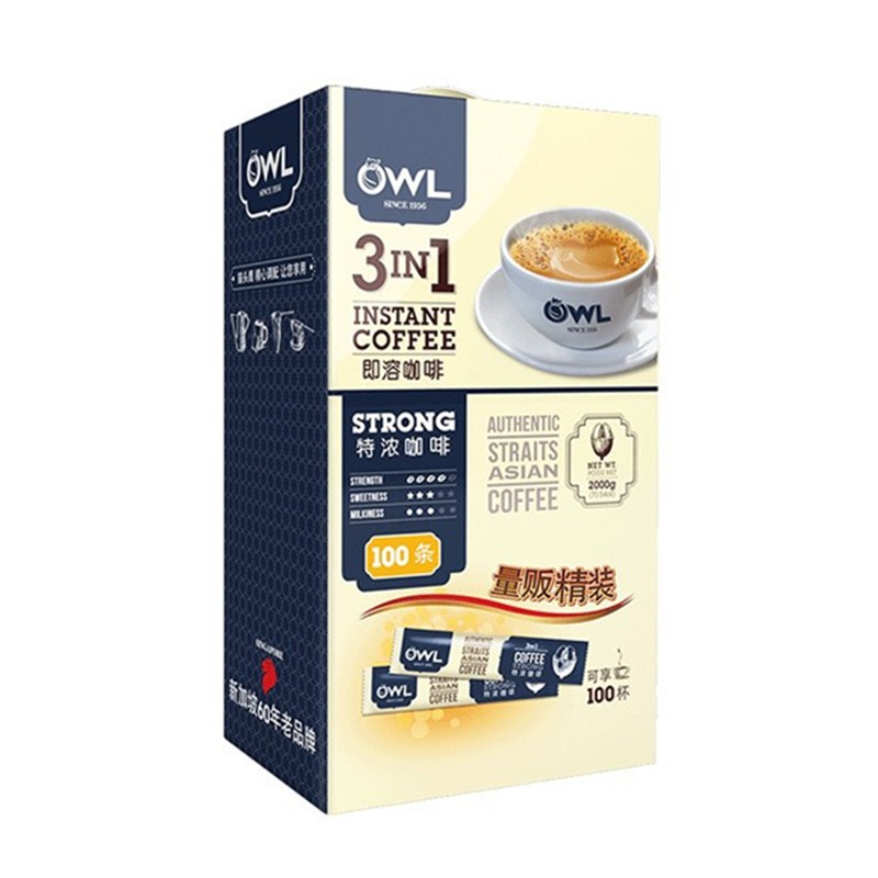 马来西亚进口 猫头鹰(OWL) 三合一特浓速溶咖啡粉 （100条x20g） 量贩装礼盒2KG