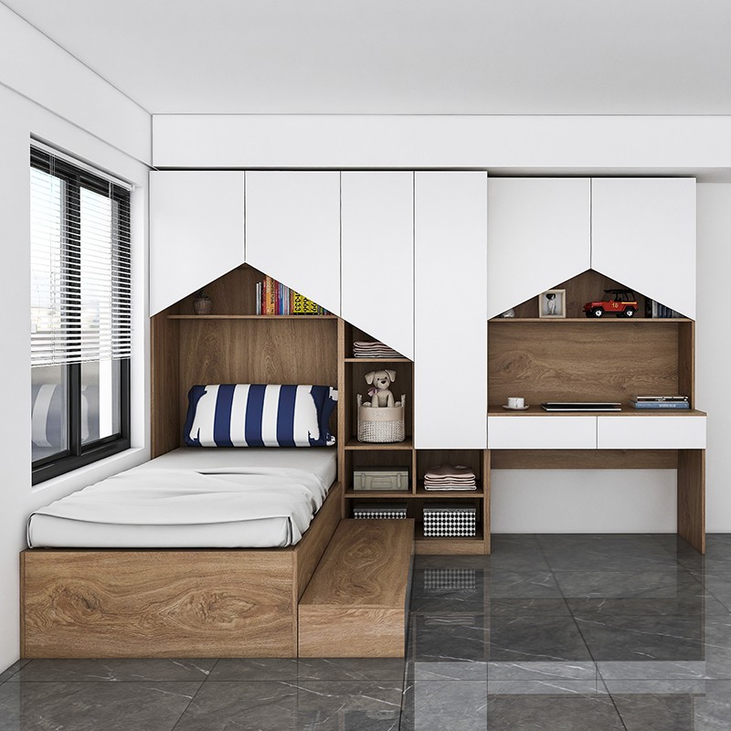 储物床省空间储物柜衣柜床组合榻榻米 组合一套系-南疆胡桃木色配白色