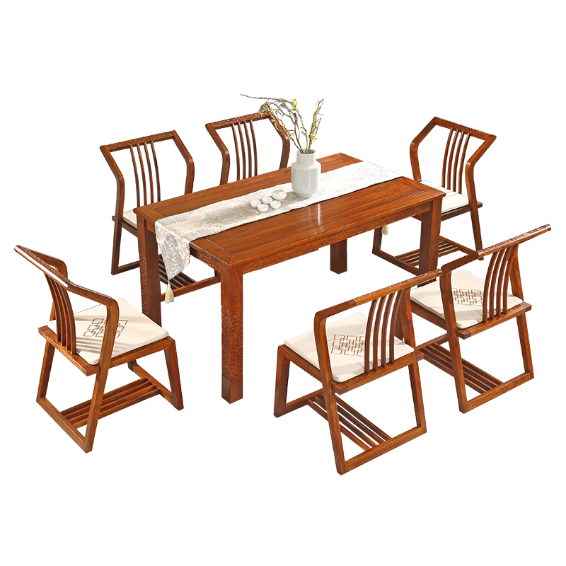 木中央 红木家具 非洲花梨(学名:刺猬紫檀)新中式餐桌椅组合 全实木饭桌 长方形餐台 餐厅家具 餐桌一桌六椅