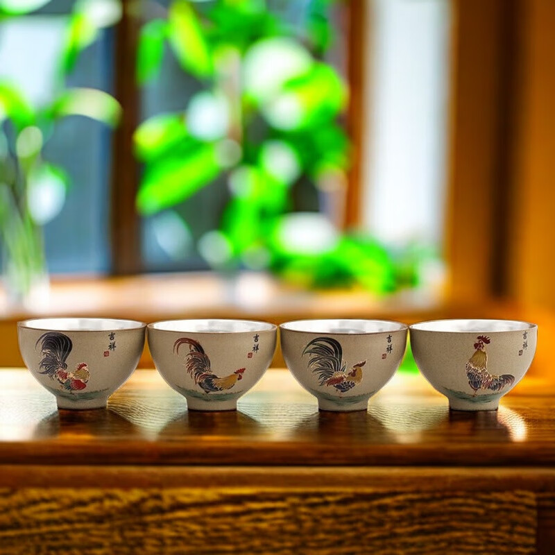Sonwibumn主人杯單杯999銀茶杯公雞品茗杯鑲銀茶盞功夫茶碗手工個人專用杯 4個款式內(nèi)銀杯