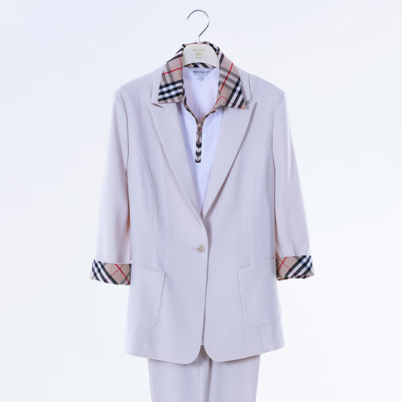 白领(white collar)米色戗驳领一粒扣七分袖翻边上衣 e-wsb23-601