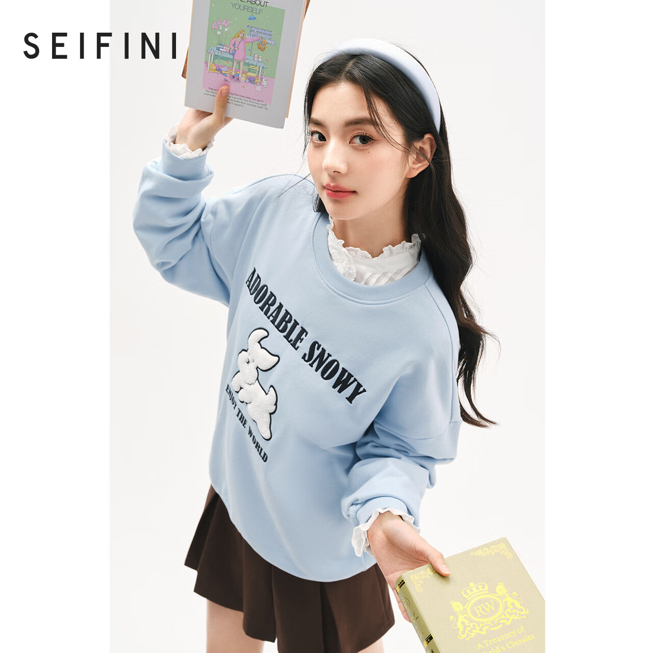 诗凡黎（‘S EIFINI）诗凡黎天空蓝落肩圆领卫衣24冬新款设计感贴布绣清新治愈百搭上衣 天空蓝 M