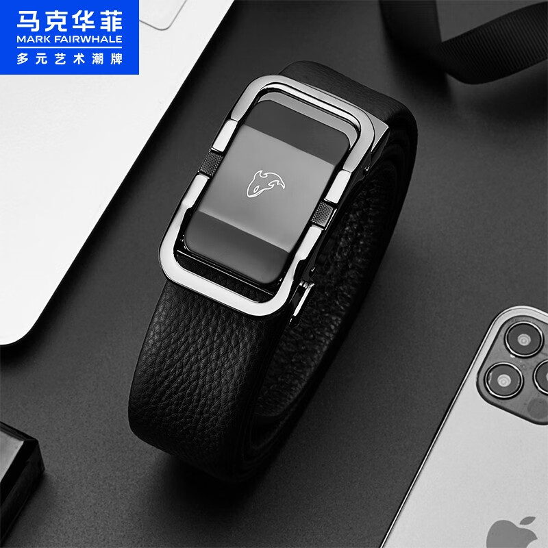 马克华菲头层牛皮男士皮带休闲青年皮带耐磨裤带礼盒装生日礼物 黑色礼盒