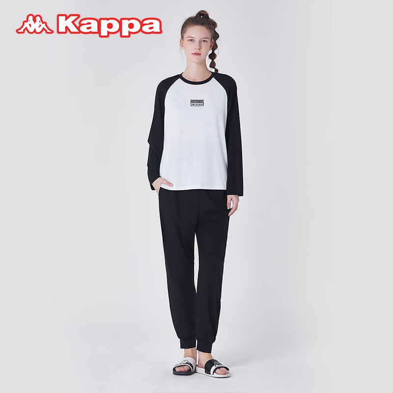 KAPPA卡帕女士睡衣女棉长袖套装时尚拼接套头大码宽松外出家居服女 黑白 L 建议(105-120斤)