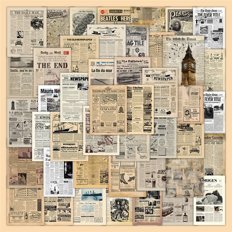 60张复古海报旧报纸手账贴纸欧美杂志海报背景图装饰防水贴画批发 kk3