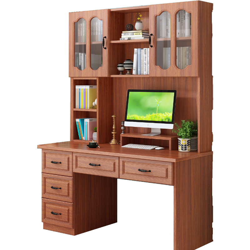 菲达森实木书桌现代简约台式电脑桌书架一体家用学习写字桌书柜组合 白色白色80长60宽195高 书架+4抽屉