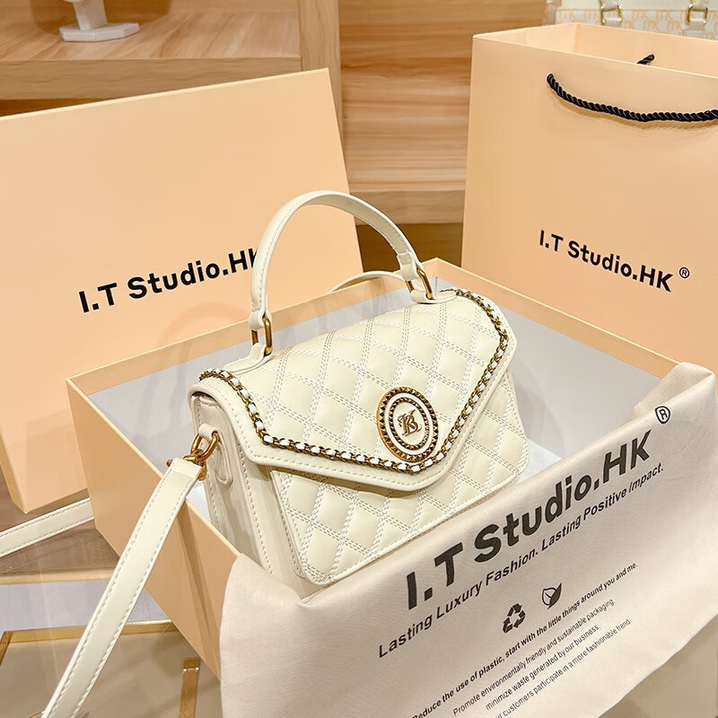 酷奇袋鼠酷奇女包简约菱格手提小方包包女2023新款潮休闲百搭单肩斜挎小包 白色