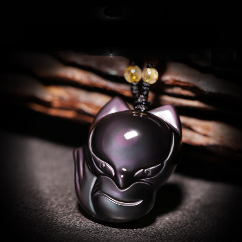 宫艳 黑曜石狐狸吊坠实用天然水晶饰品黑狐挂坠送老婆九尾狐小狐狸