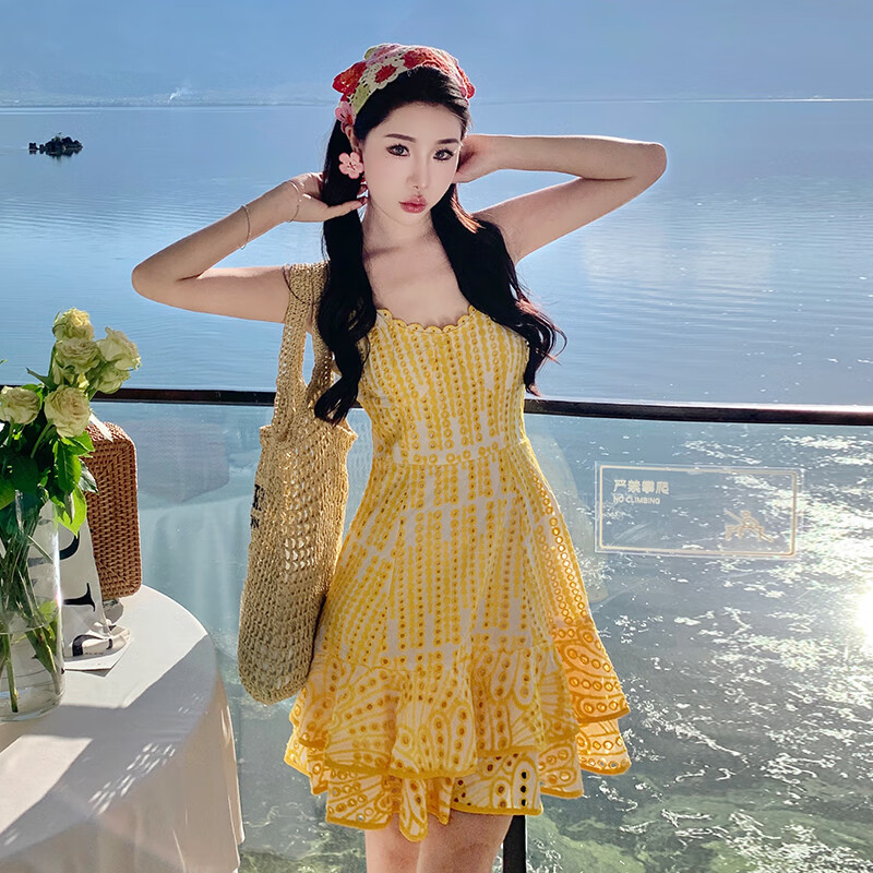 摩舍沙滩裙海边旅游度假重工刺绣荷叶边时尚吊带连衣裙夏性感a字裙