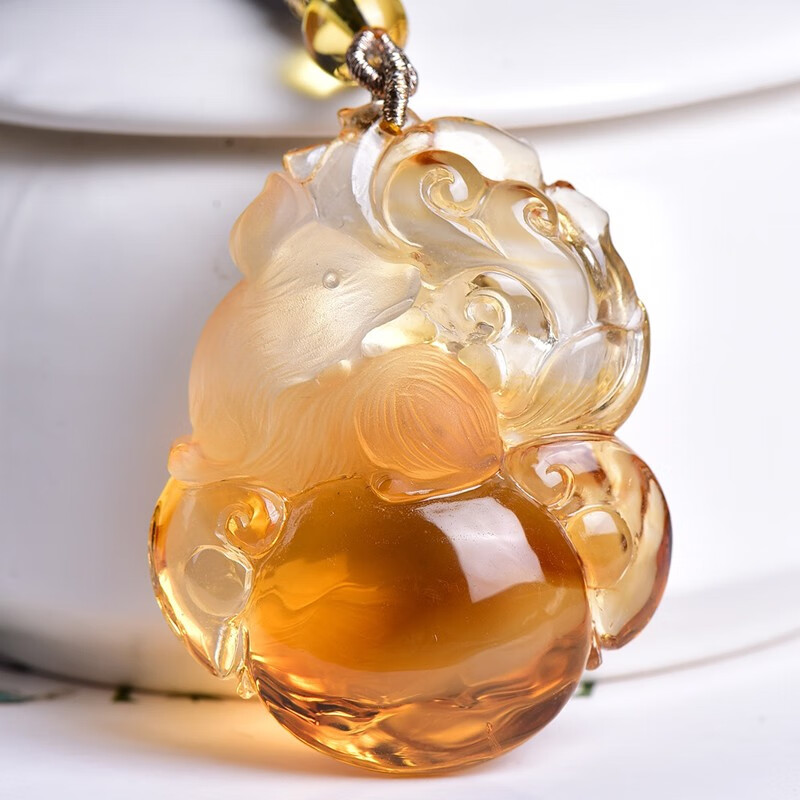 茂然巴西黄水晶九尾狐狸吊坠男女款狐仙项链冰透体挂坠