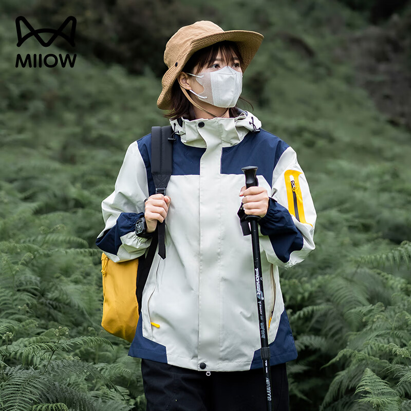猫人男女三合一防风衣秋冬加绒加厚防风防水透气登山服运动外套滑雪服 男-象牙白【建议拍大一码】 L