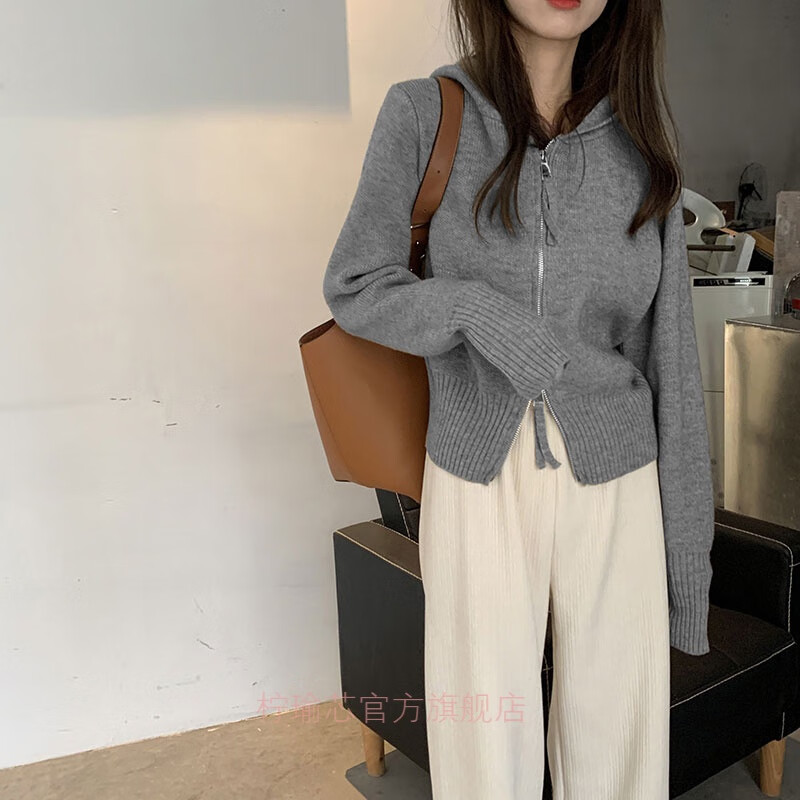 戴帽带帽针织衫女薄款毛衣毛线衣春季款有帽韩版拉链连帽卫衣开衫外套