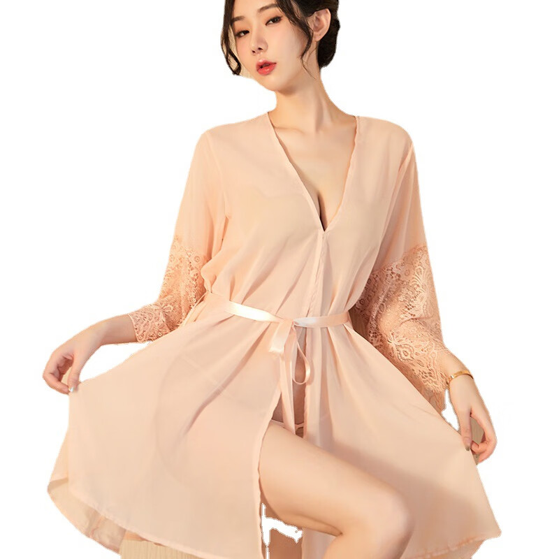 情趣蕾丝袖口雪纺开衫浴袍性感睡衣女薄款透视内衣挑逗日系家居服