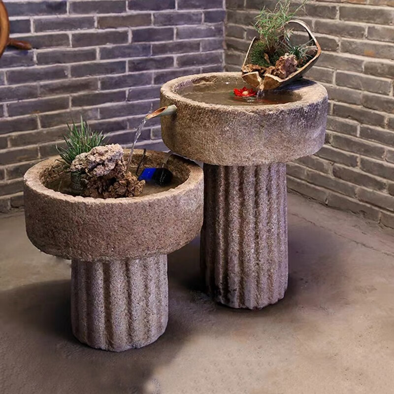 凌曦 石头花盆石磨流水瓦罐元宝盆水缸复古石槽鱼缸盆景养鱼种花 a款