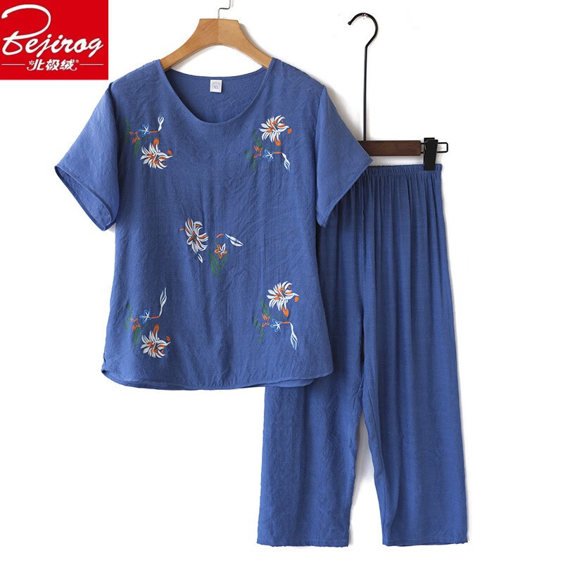 北极绒（Bejirog）奶奶棉麻居家夏款短袖宽松妈妈套装两件套中老年睡衣 蓝色《睡衣套装》 2XL 适用130-150