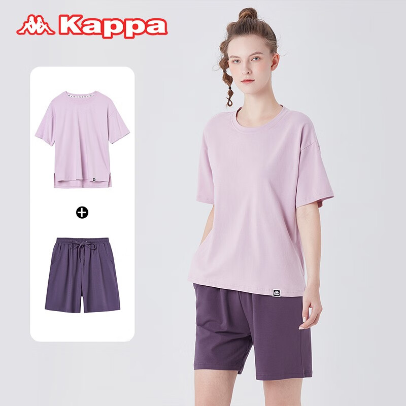 KAPPA卡帕睡衣女夏季新款棉质家居服时尚可外穿运动休闲棉质短袖套装女 香芋紫 L码 建议(105-120斤)