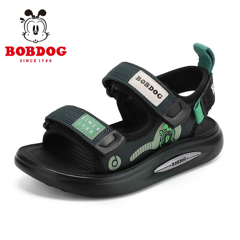 巴布豆(BOBDOG)童鞋女童沙滩鞋夏季新款男童软底百搭凉鞋儿童鞋 黑/湖底绿 32 适合脚长19.5cm