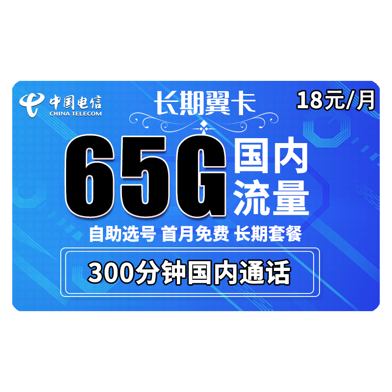 中国电信 手机卡流量卡上网卡电话卡星卡花卡翼卡校园卡天翼支付100G半年包年5G全国通用不限速畅享 电信长期翼卡 18包每月65G全国流量+300分钟