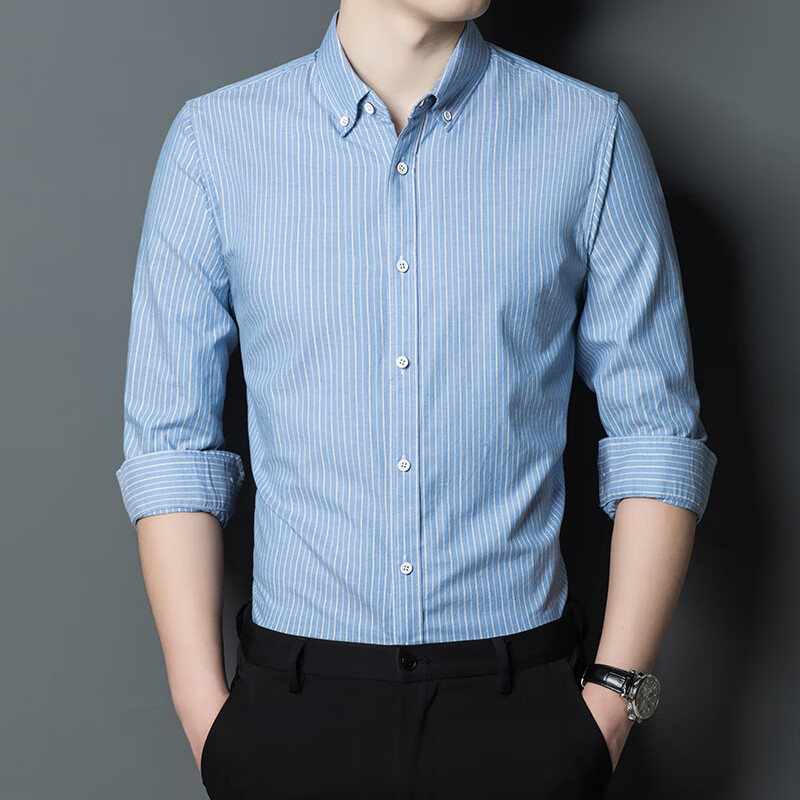 哈雷纳金狐狸 全棉长袖衬衫男夏季衬衣男商务休闲男士2118 蓝条 175