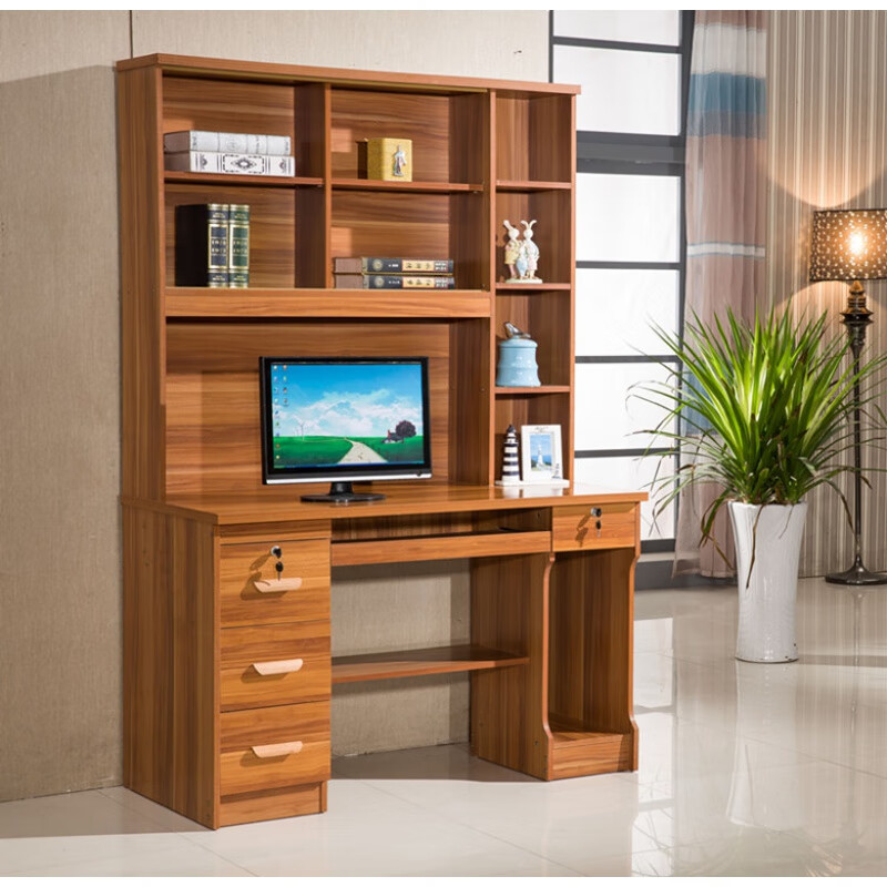 山头林村台式电脑桌家用可放主机初高中学生学习书桌带书架一体靠墙