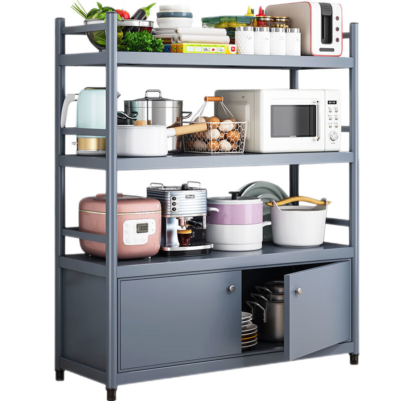 厨房置物架带围栏落地架子多层货架锅架微波炉架烤箱架收纳架柜子储物家用货架 灰蓝色长60宽40高100-三层
