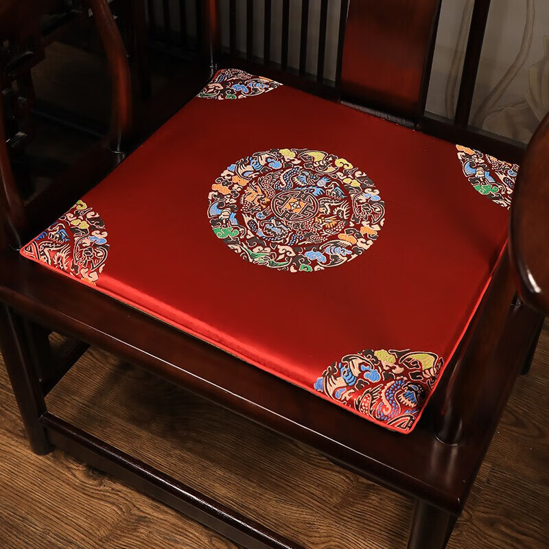 贺锦堂新中式红木椅子坐垫实木茶桌座椅垫子家用凳子垫太师椅圈椅茶椅垫 锦缎吉祥-红 44cm*50cm(含3cm海绵垫)