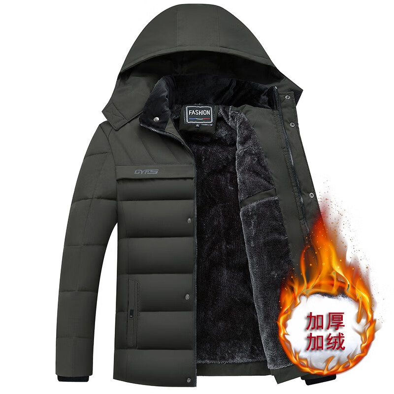 虎迹 福利款冬季棉衣加绒加厚连帽保暖外套中老年时尚棉衣 军绿色 XL