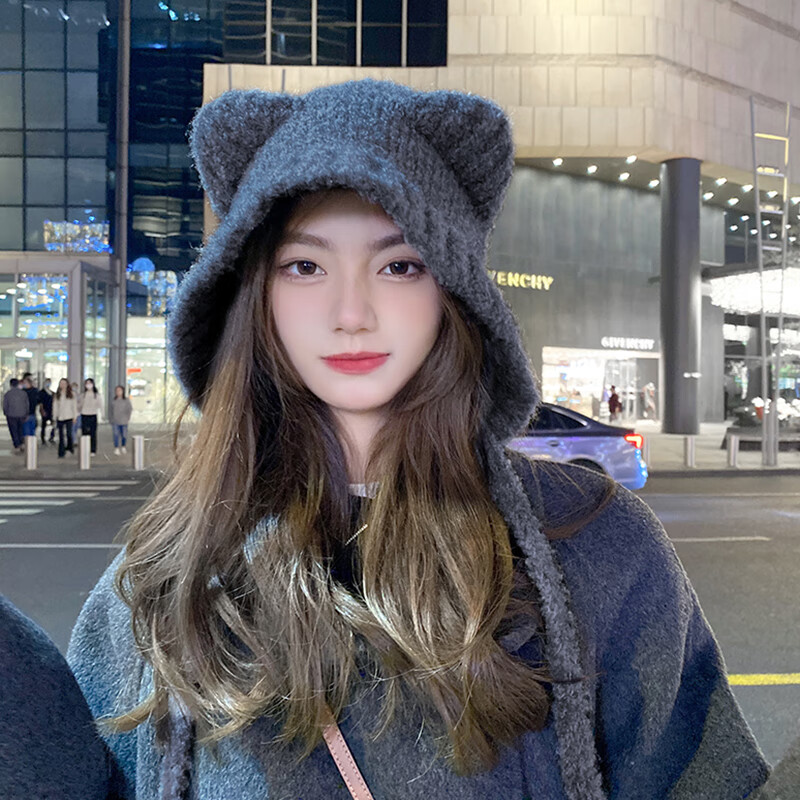 彩虹狐帽子女冬季毛绒保暖百搭大头围冷帽毛线秋冬护耳帽可爱小熊针织