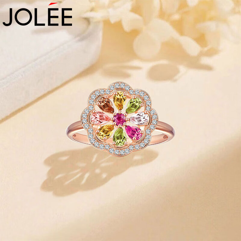 JOLEE戒指女S925銀碧璽指環(huán)彩色寶石輕奢均碼飾品送女士節(jié)日禮物