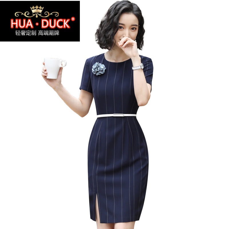 hua · duck国际品牌轻奢侈职业连衣裙女装夏气质显瘦条纹工作服圆领