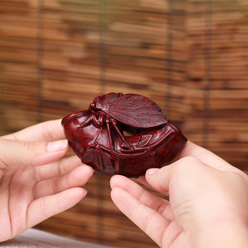 古珍 木印度小叶紫檀手工木雕一鸣惊人夏蝉手把件节节高升摆件礼品送