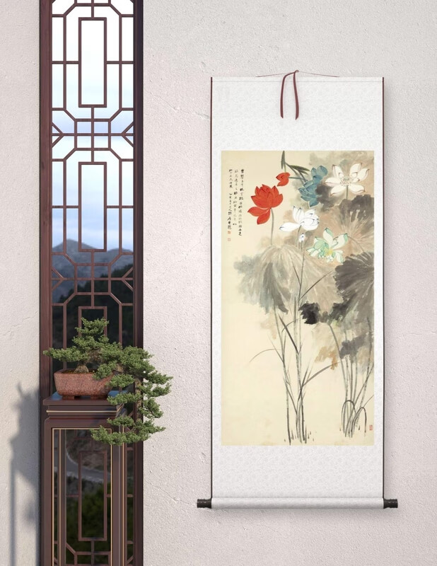 新品真迹艺术微喷古代名画张大千五色荷花宣纸画心客厅卧室挂画 五色