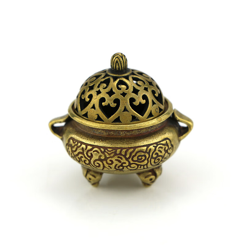 袖珍铜香炉镂空祥云带盖子熏香炉摆件铜雕件 三足祥云小香炉带盖子