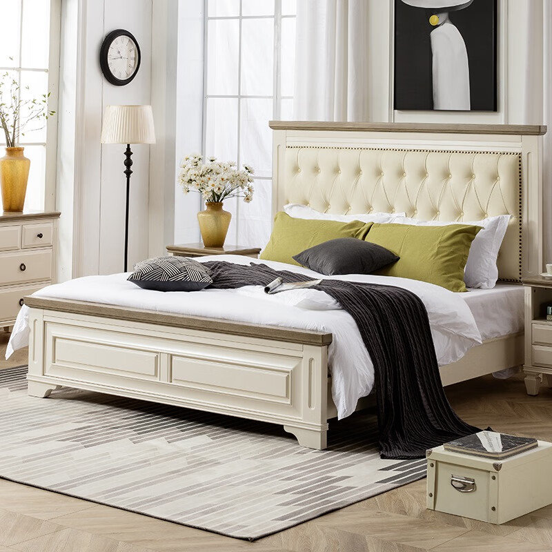 老酋长美式轻奢实木床纳帕仿真皮拉扣软包床婚床高箱储物主卧高背皮床