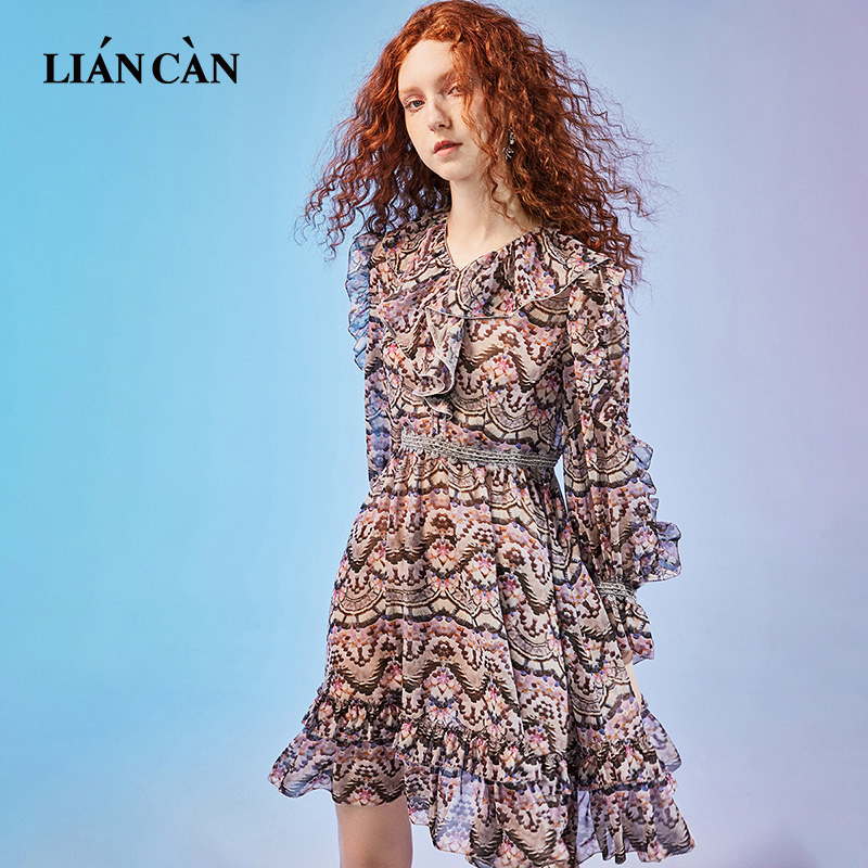 莲灿2023春新民族风木耳边链条印花雪纺连衣裙 灰粉 s