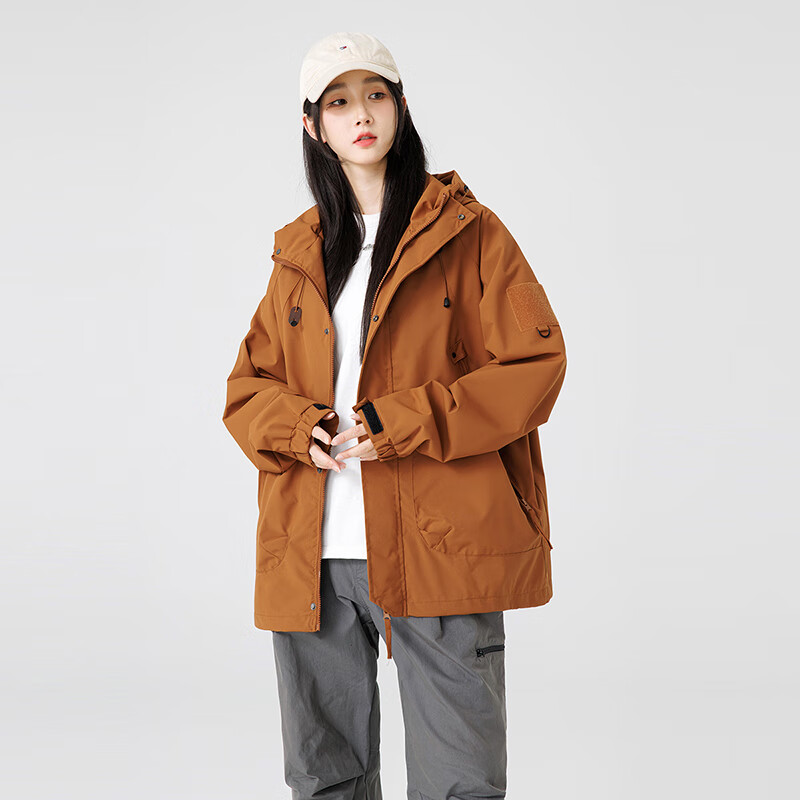 迈途户外冲锋衣情侣装连帽上衣春秋季新款户外登山旅游宽松夹克外套 焦橙 3XL （185-200斤）